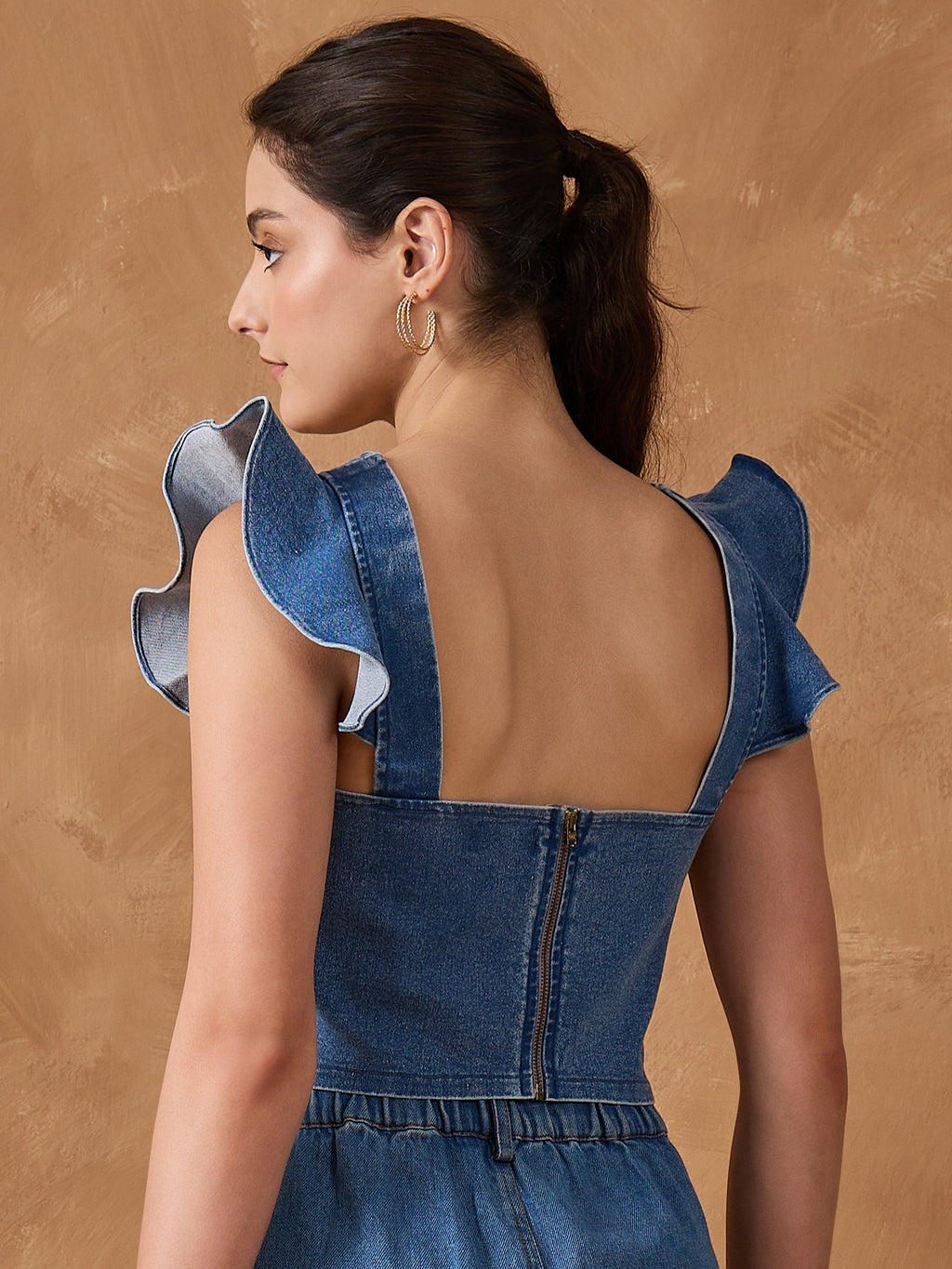 Denim Frill Neck Crop Top