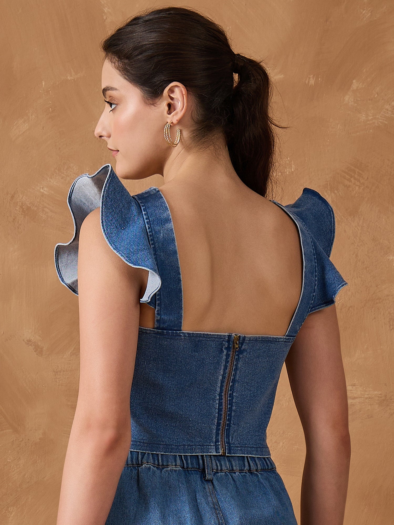 Denim Frill Neck Crop Top
