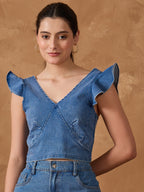 Denim Frill Neck Crop Top