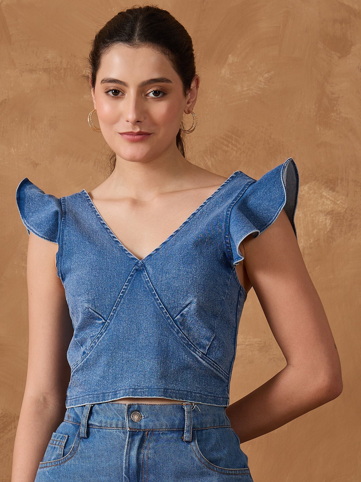 Denim Frill Neck Crop Top