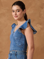 Denim Frill Neck Crop Top
