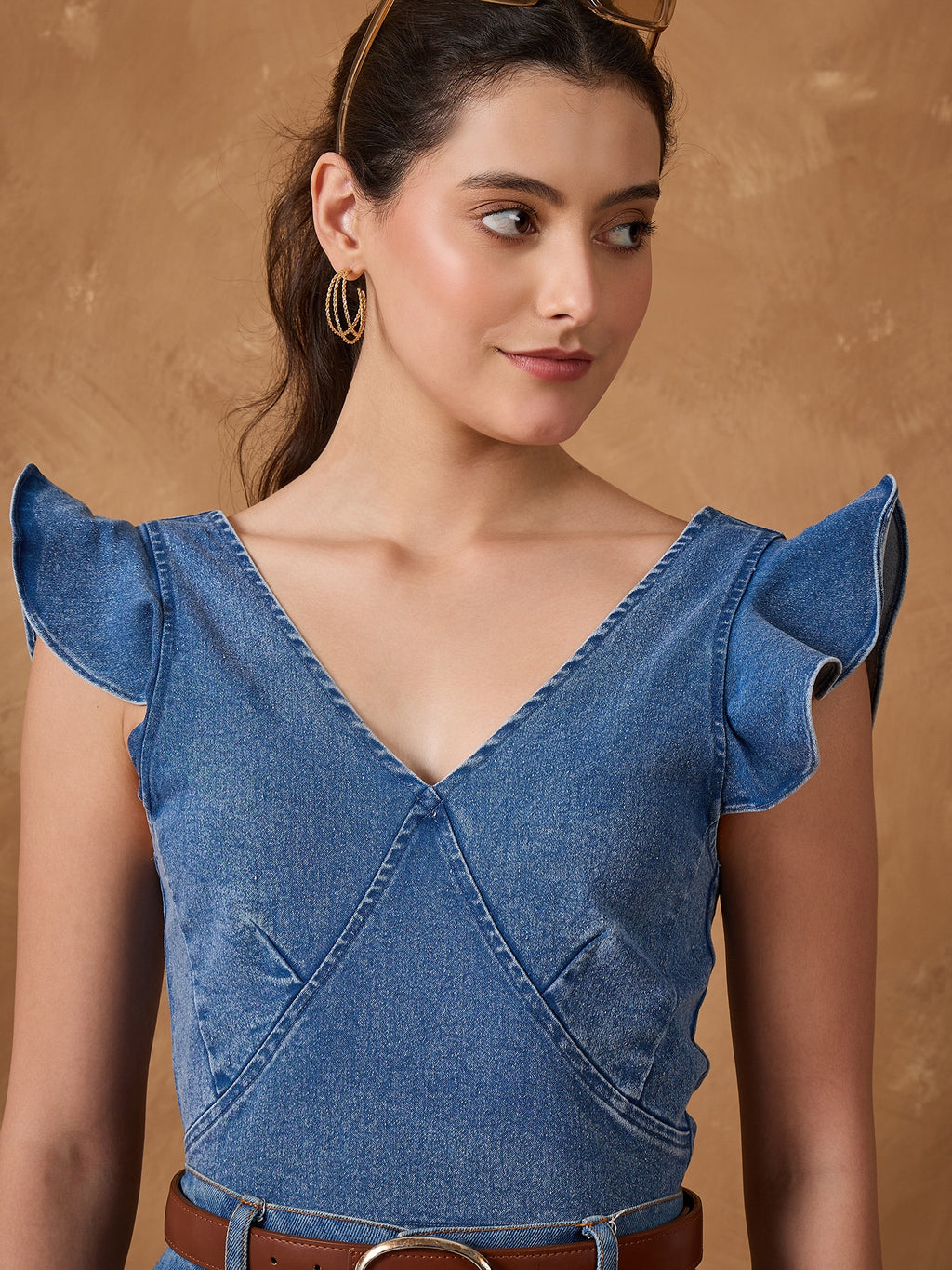 Denim Frill Neck Crop Top