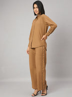 Camel Brown Contrast Lace Shirt With Pant Set