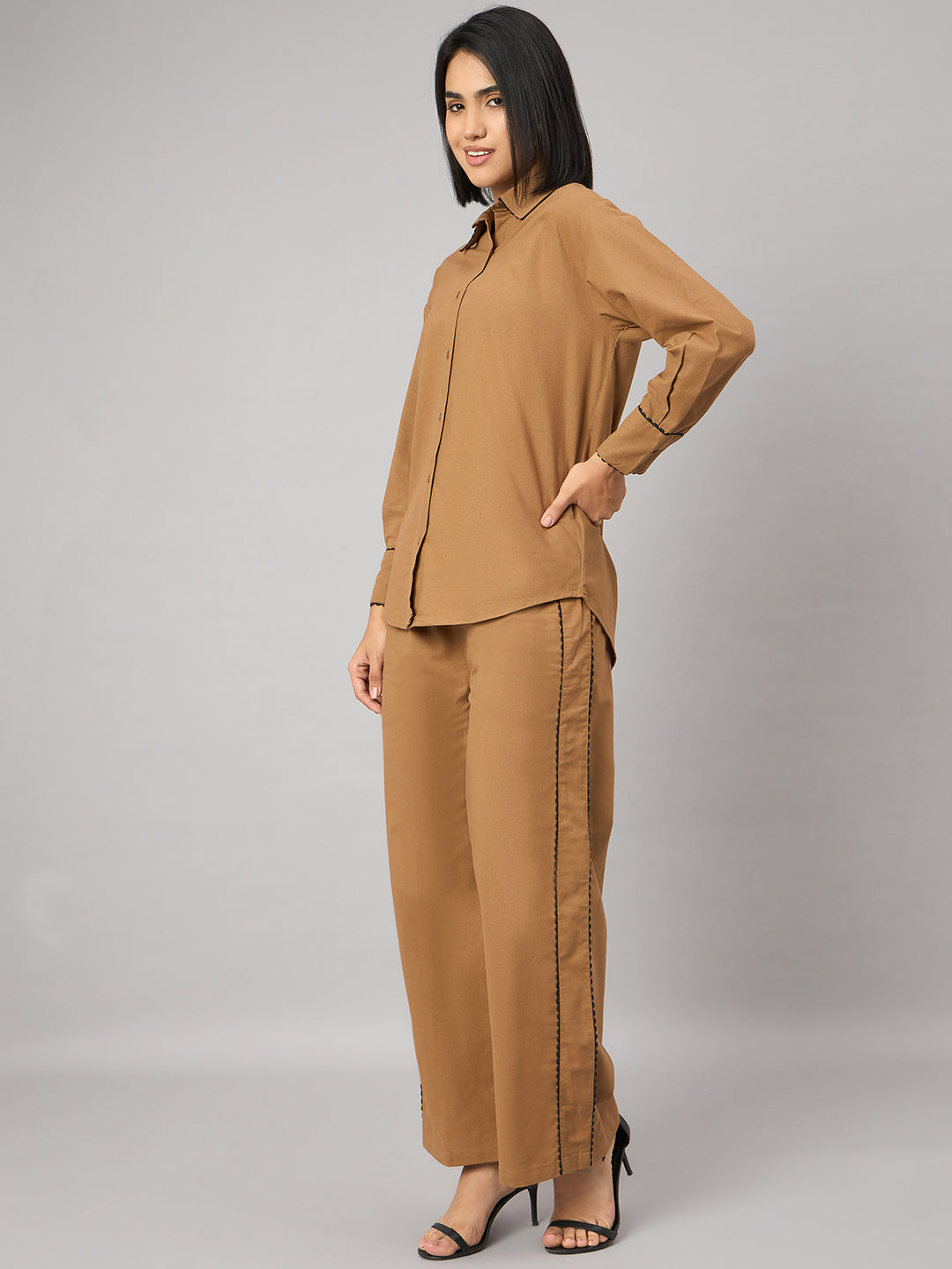 Camel Brown Contrast Lace Shirt With Pant Set