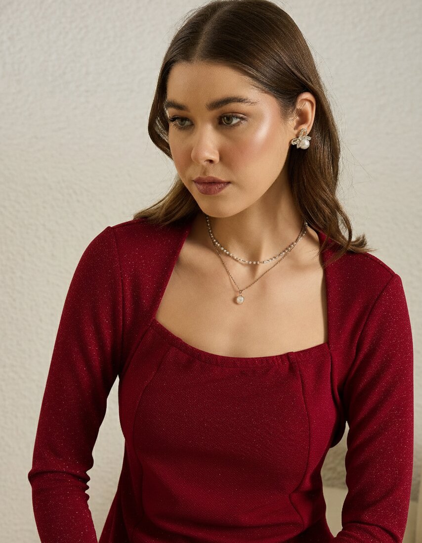 Maroon Glitter Square  Neck  Peplum Top