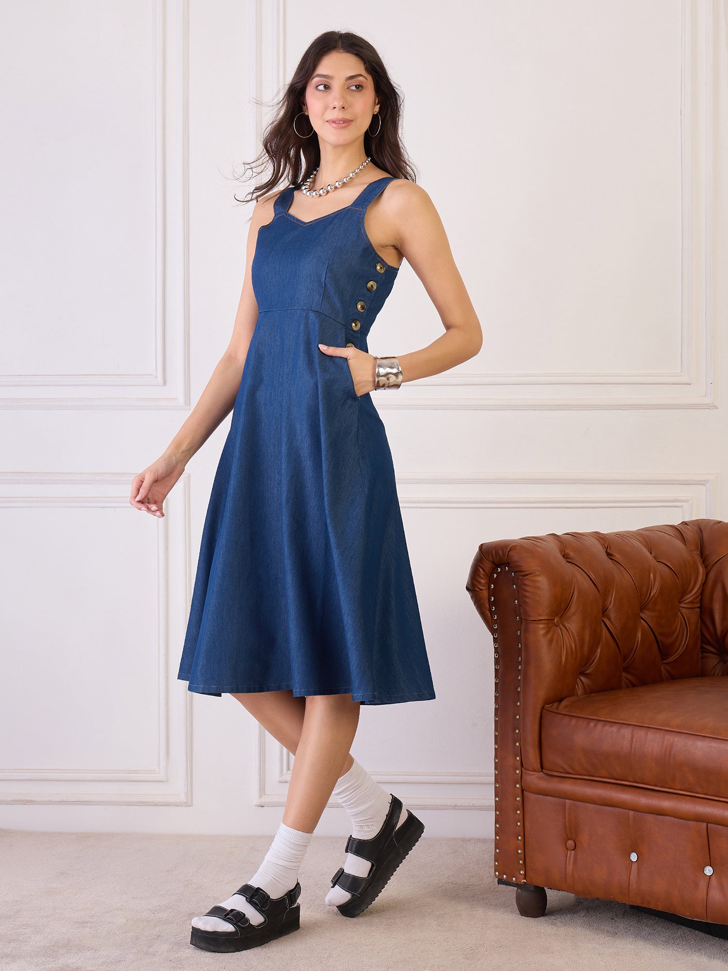 Denim Fit and Flare Button Detail Dress