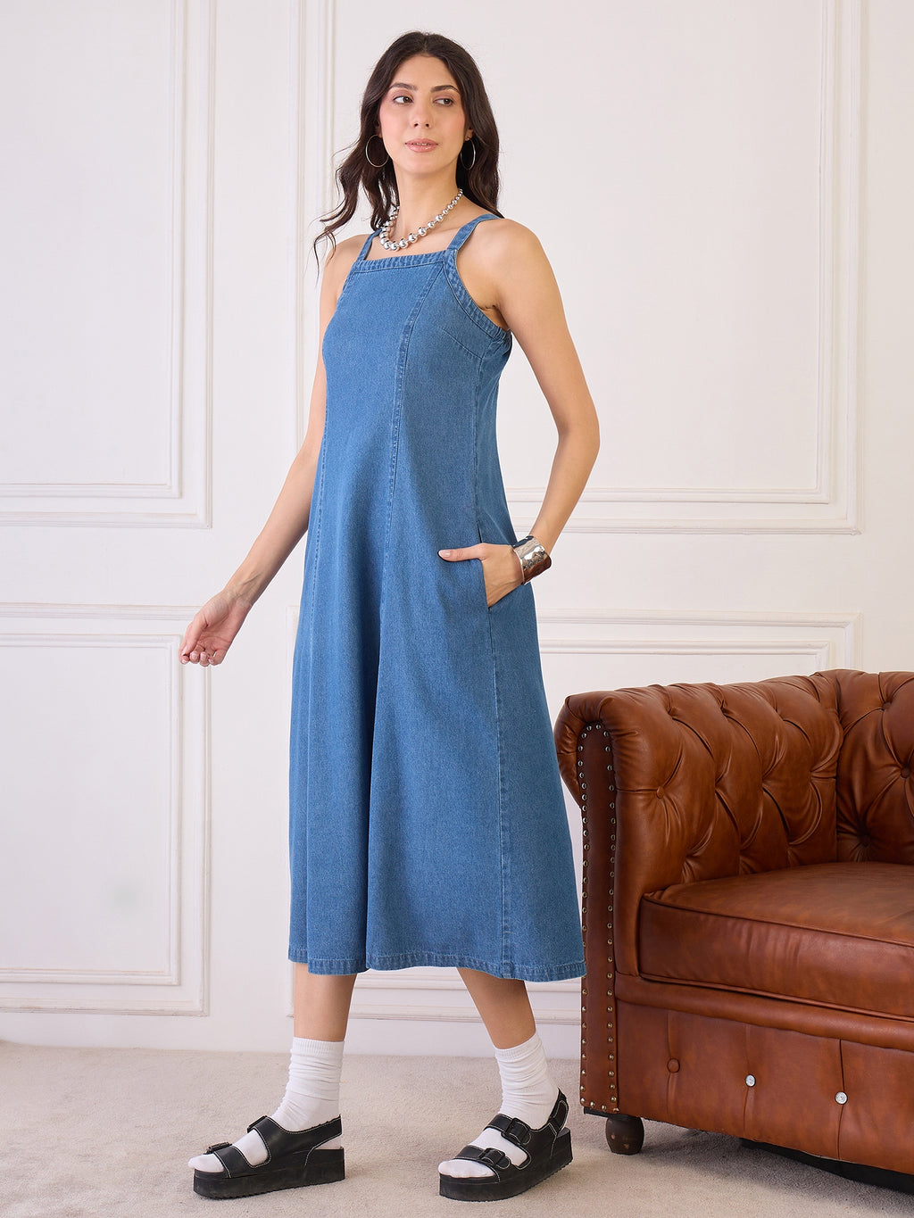 Denim Strappy Fit And Flare Dress