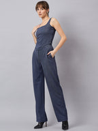 Blue corset top with flared jeans