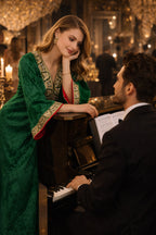 Green V Neck Luxury Velvet Abaya Dress