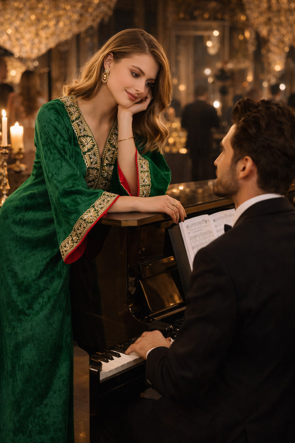 Green V Neck Luxury Velvet Abaya Dress