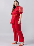 Red Organza Sleeve Lapel Collar Top With Straight Trouser Plus Size Co-Ords