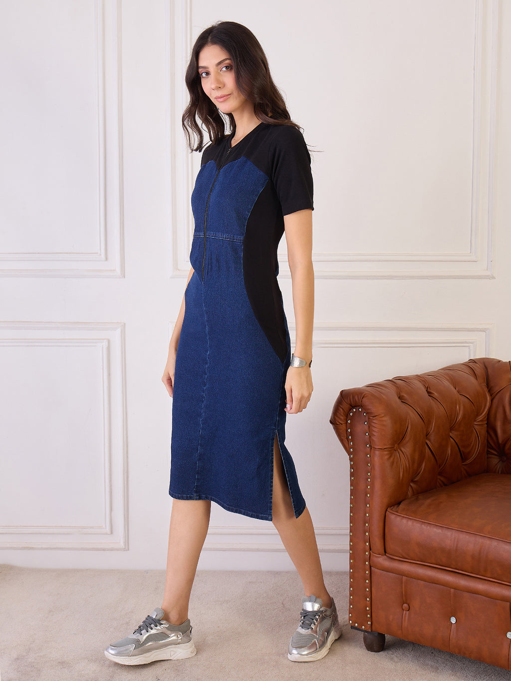 Denim Colour Block Zipper Dress