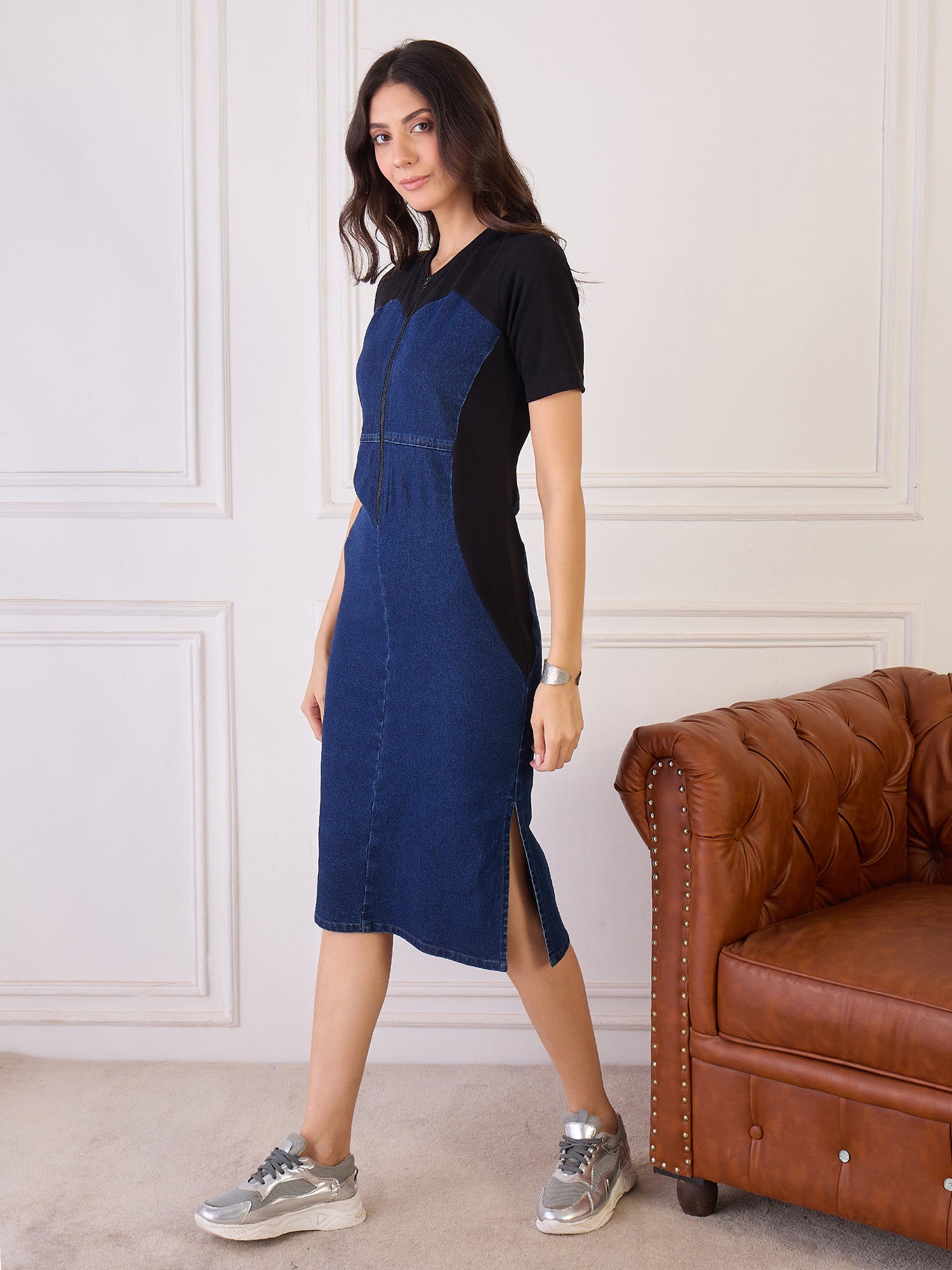 Denim Colour Block Zipper Dress