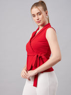 Red V Neck Sleeveless Wrap Top