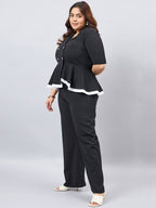 Black V-Neck Top With  Skirt Pant Plus Size Set