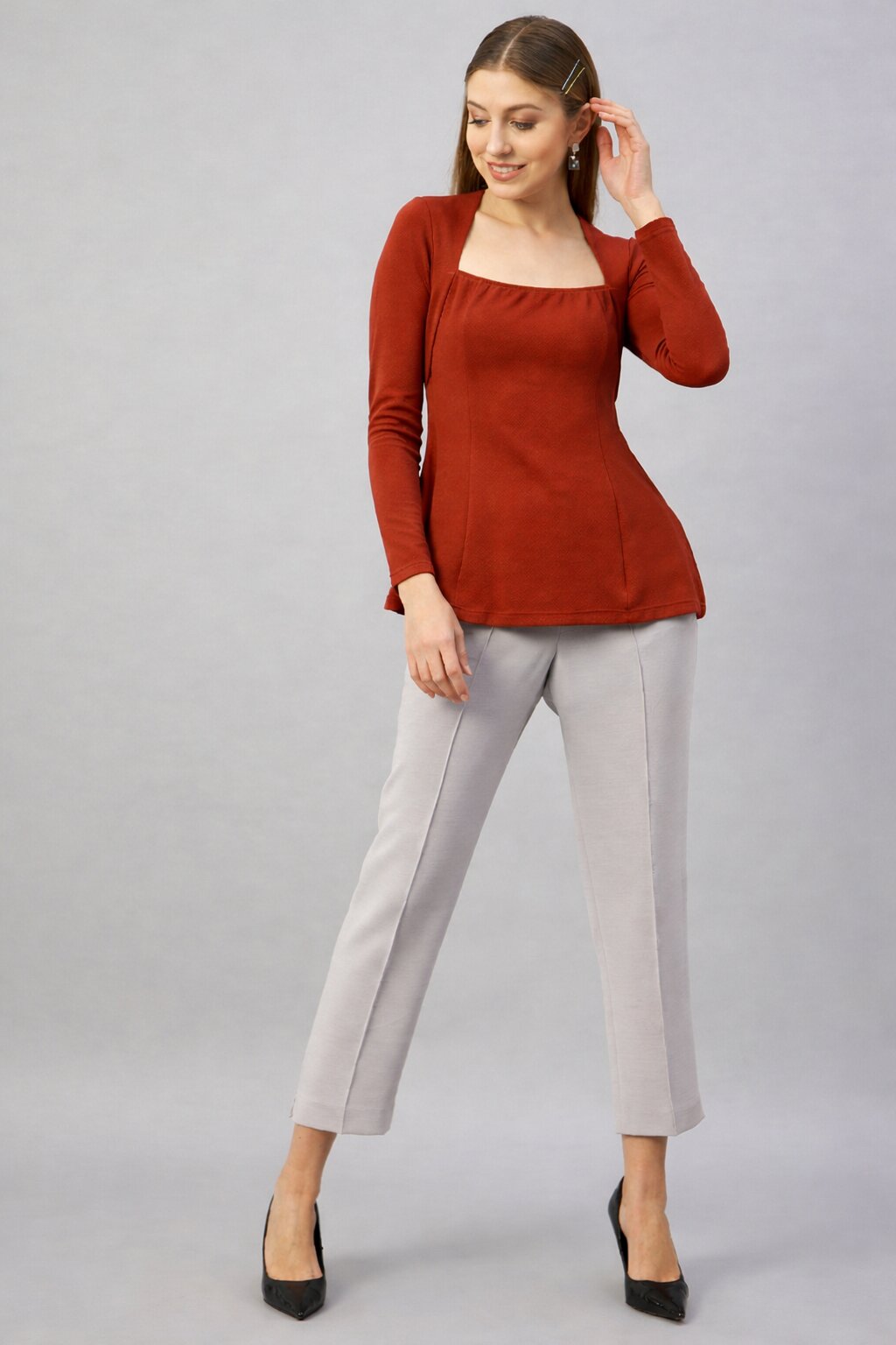 Rust Square R Neck  Peplum Top