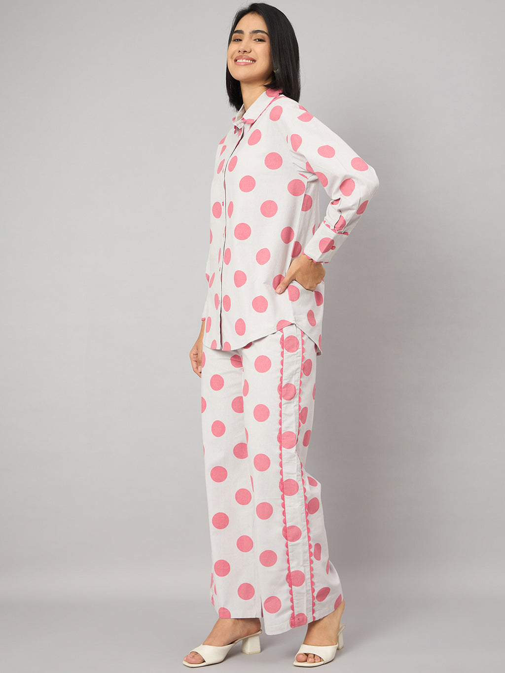 Pink Polka Dot Contrast Lace Shirt With Pant Set