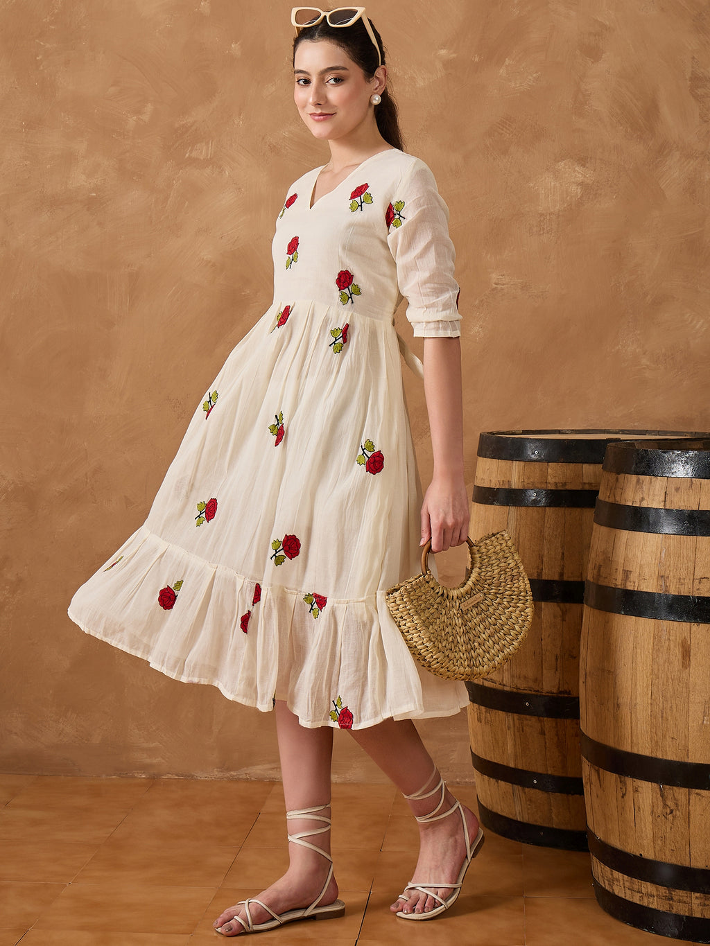 FLORAL EMB PURE COTTON FIT & FLARE DRESS