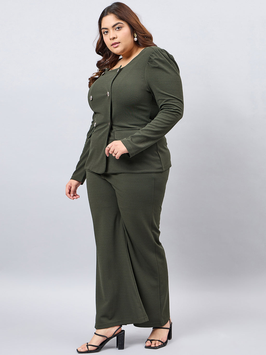 Olive Front Button Blazer Top With Pants