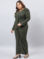 Olive Front Button Blazer Top With Pants