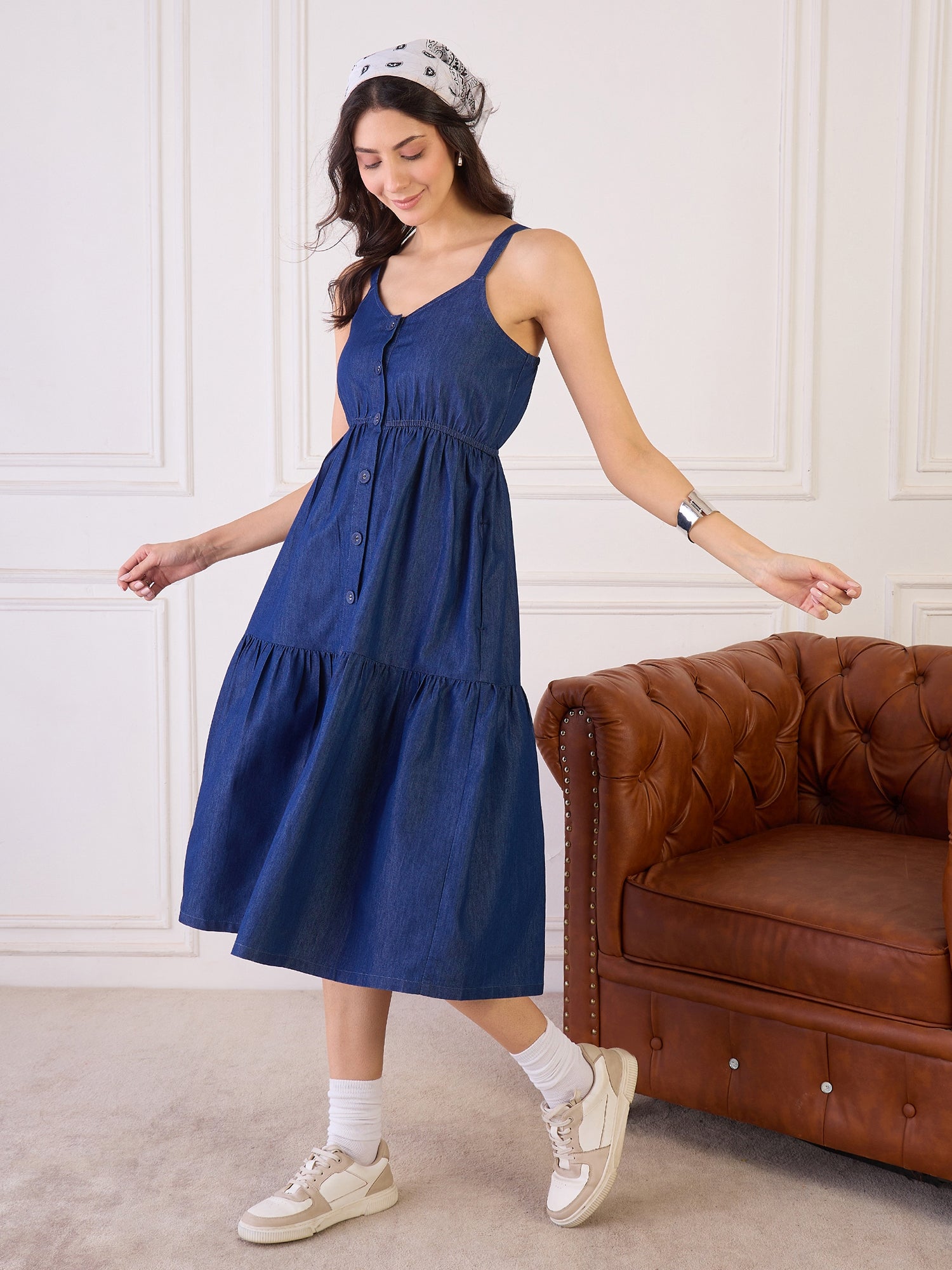 Denim Strappy Tiered Dress