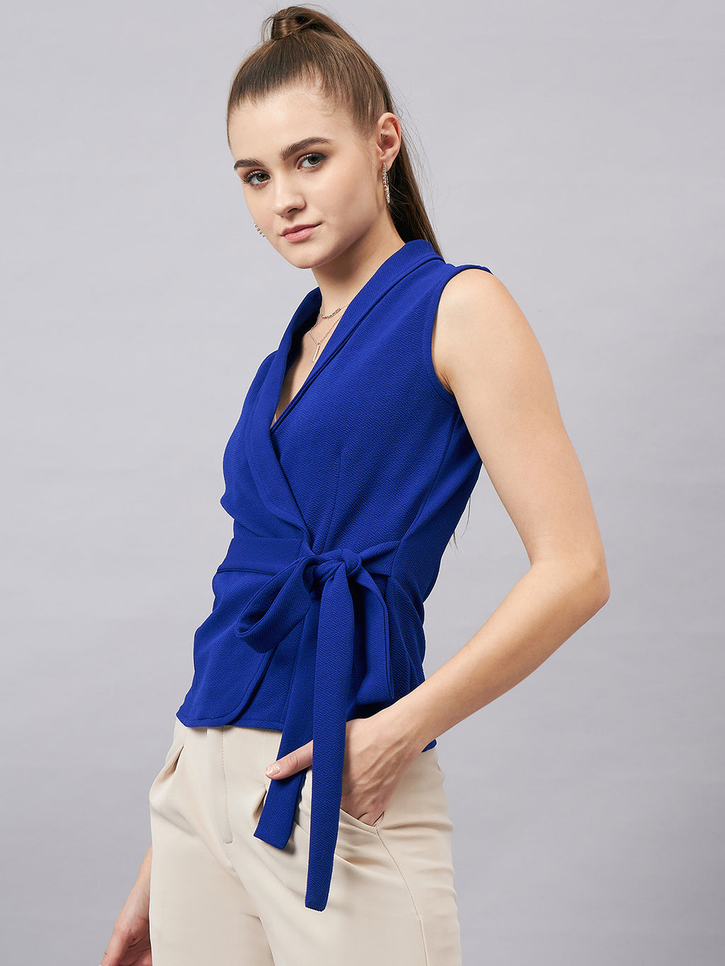 Royal Blue V Neck Sleeveless Wrap Top