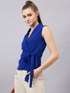 Royal Blue V Neck Sleeveless Wrap Top