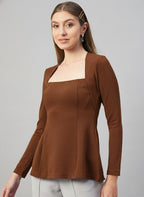 Camel Brown Glitter square Neck  Peplum Top
