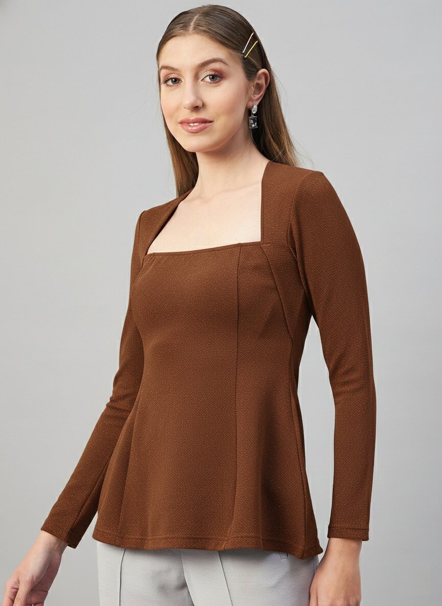 Camel Brown Glitter square Neck  Peplum Top