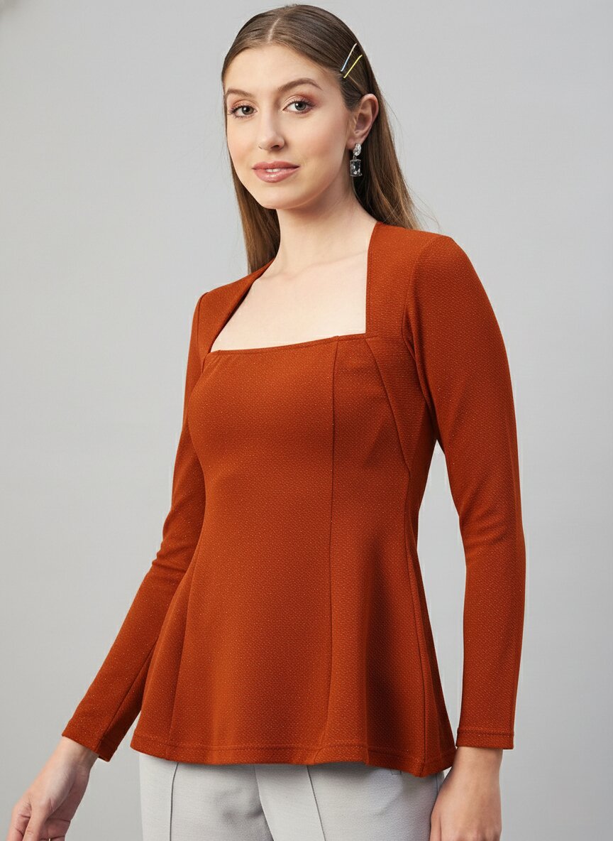 Orange Glitter Square R Neck  Peplum Top