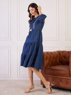 DENIM BLUE EMBROIDERED TIERED A - LINE DRESS