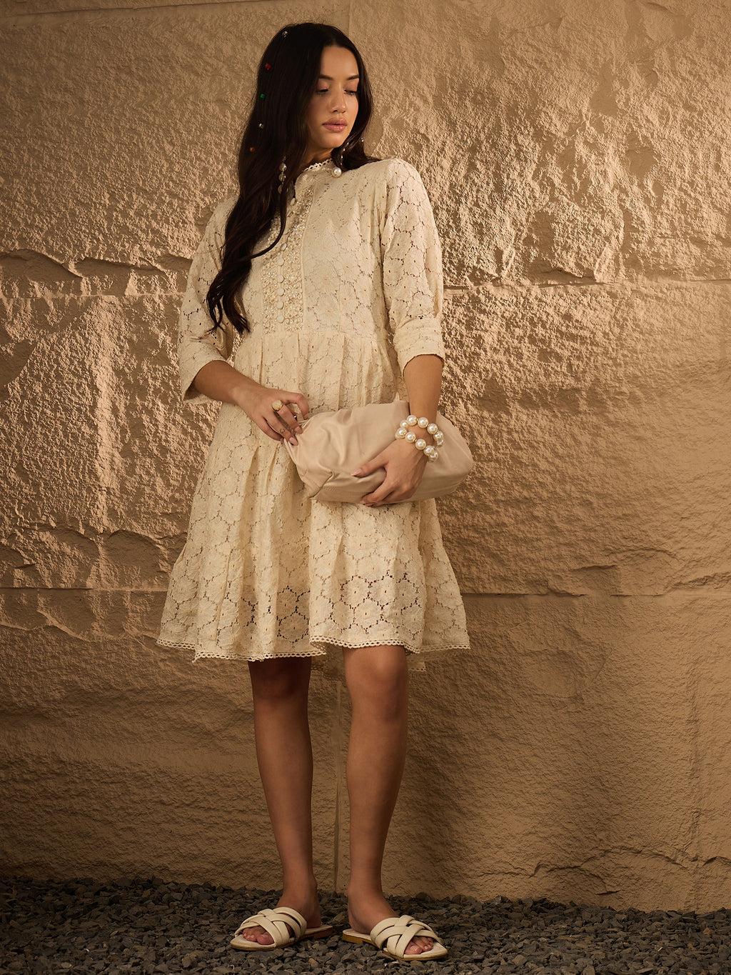 TONAL EMB PURE COTTON FIT & FLARE DRESS