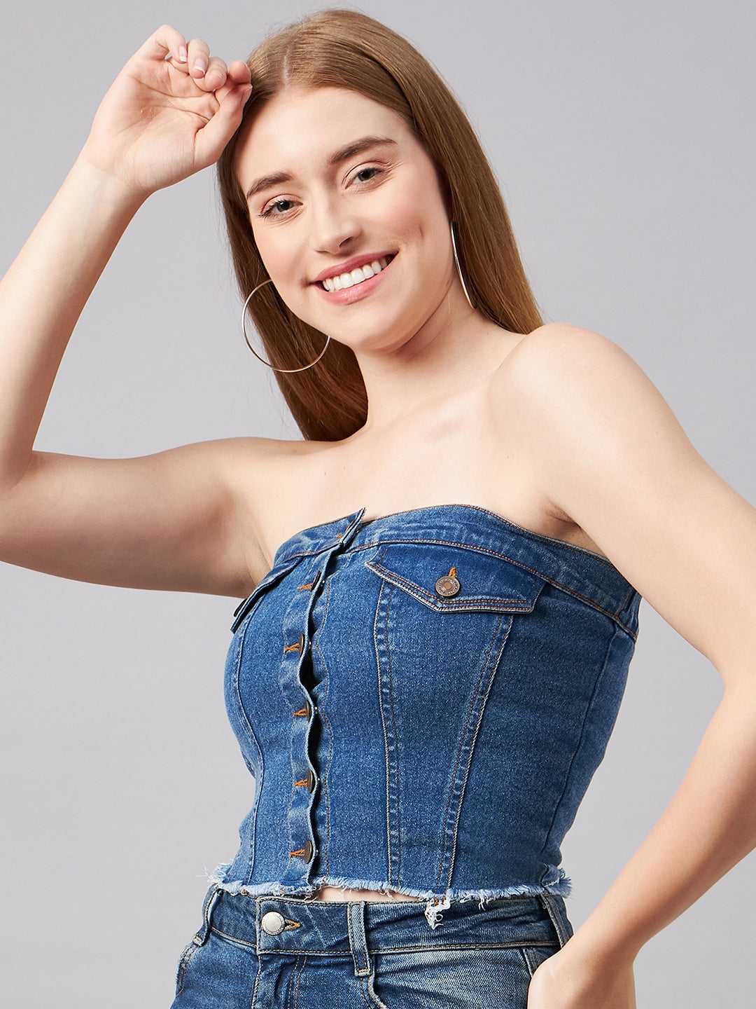 Blue Crop Tube Denim Top