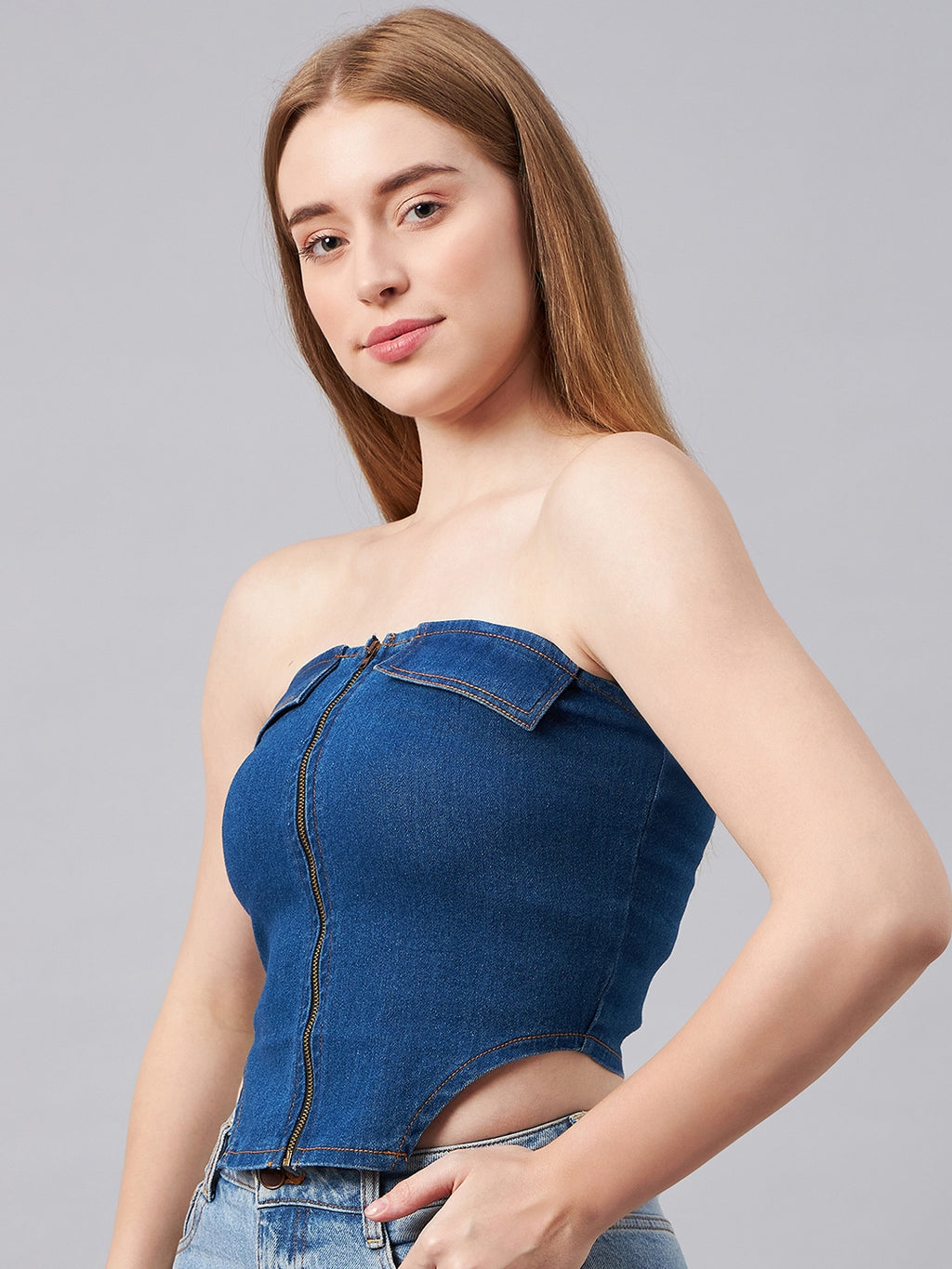 Blue Front Zip Tube Top