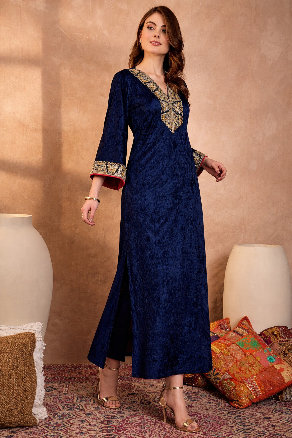 Green V Neck Luxury Velvet Abaya Dress