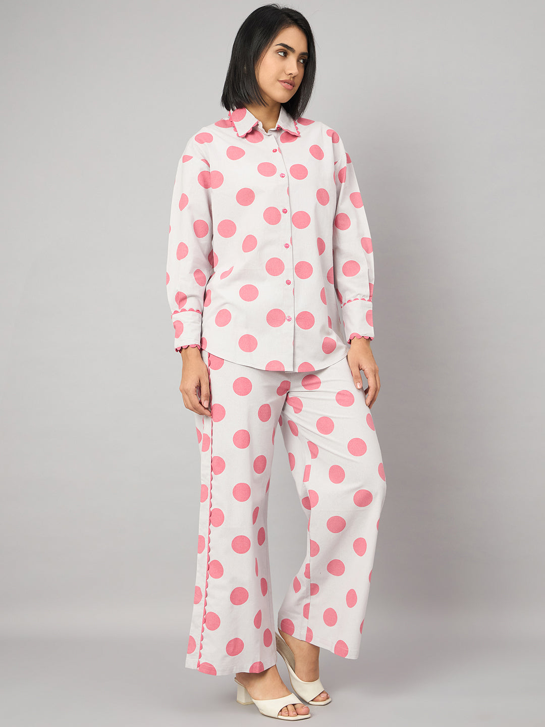 Pink Polka Dot Contrast Lace Shirt With Pant Set