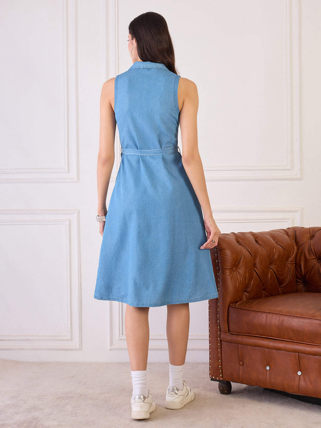 Denim V neck Button Down Collar Dress