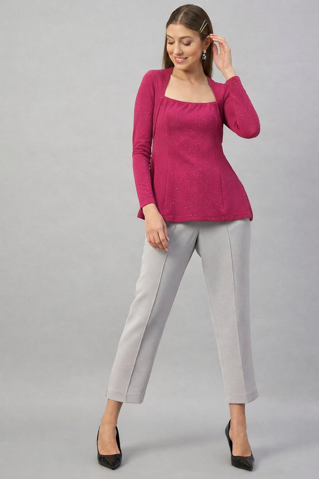 Fuchsia Pink Glitter Square Neck  Peplum Top