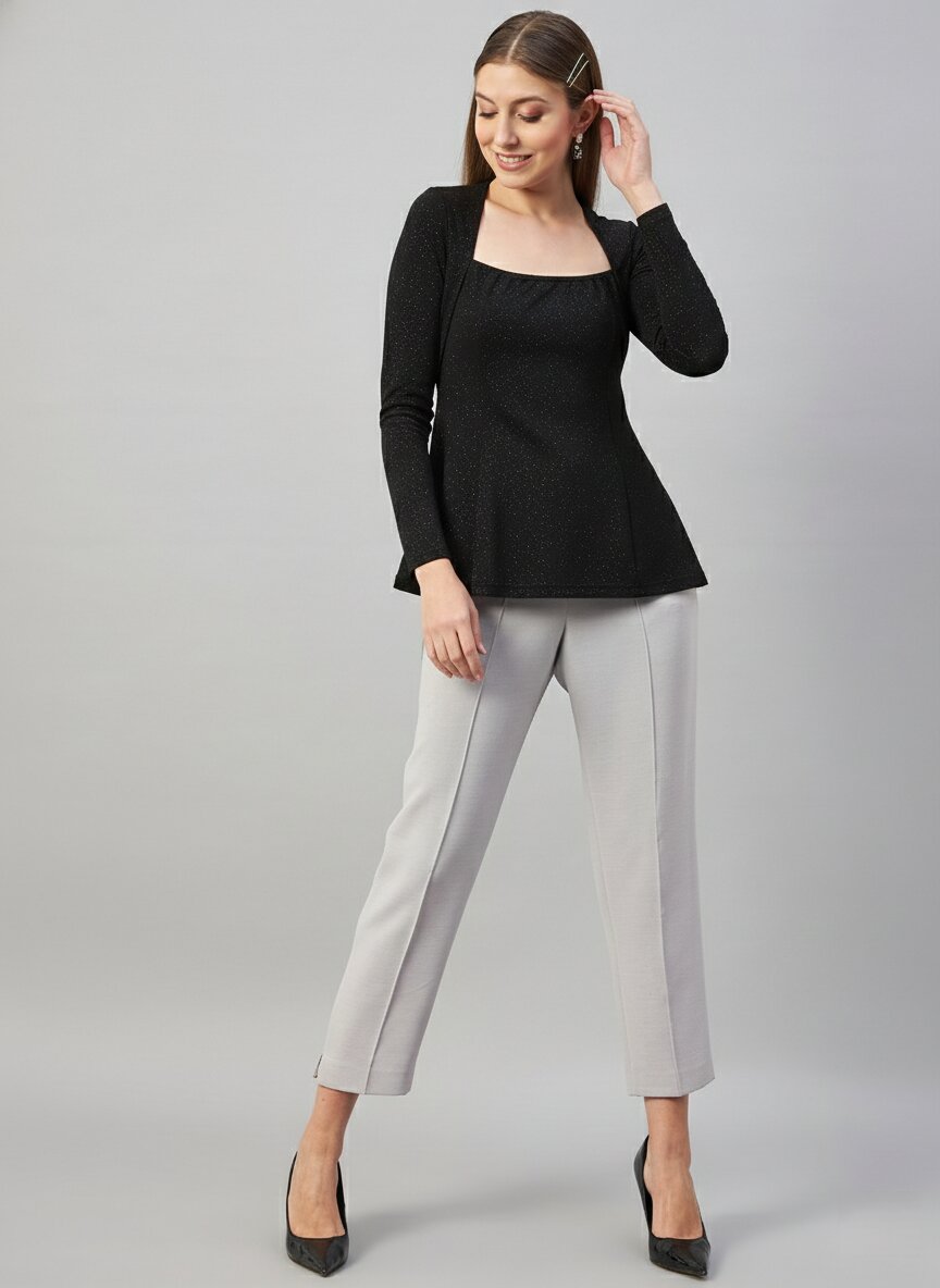 Black Glitter  Square Neck  Peplum Top