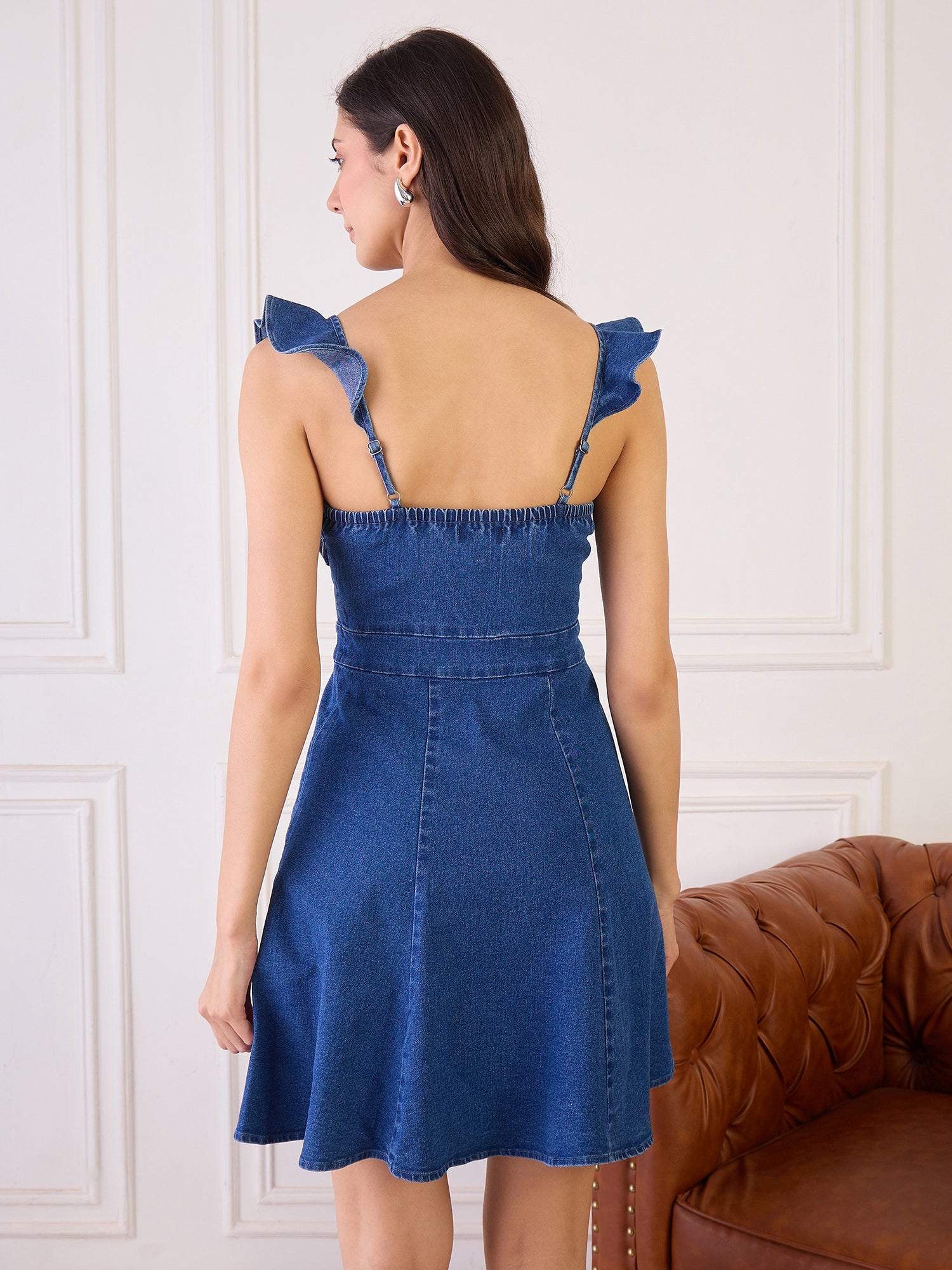 Denim Frill Detail Fit and Flare Dress