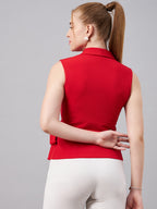Red V Neck Sleeveless Wrap Top