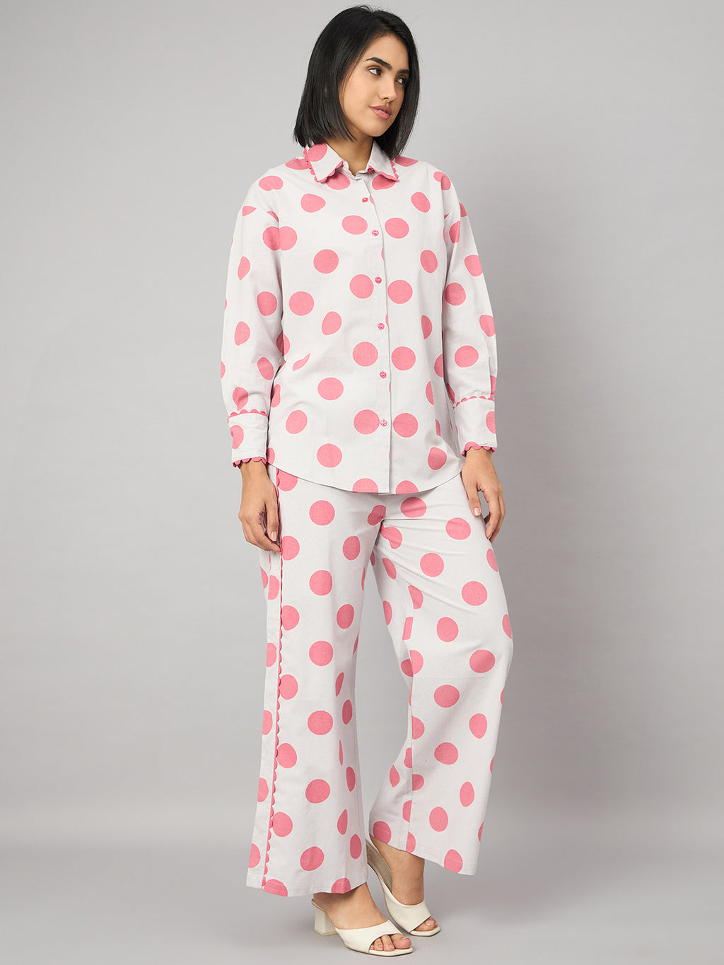 Pink Polka Dot Contrast Lace Shirt With Pant Set