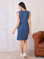Denim V Neck Ruffle Belted Dress