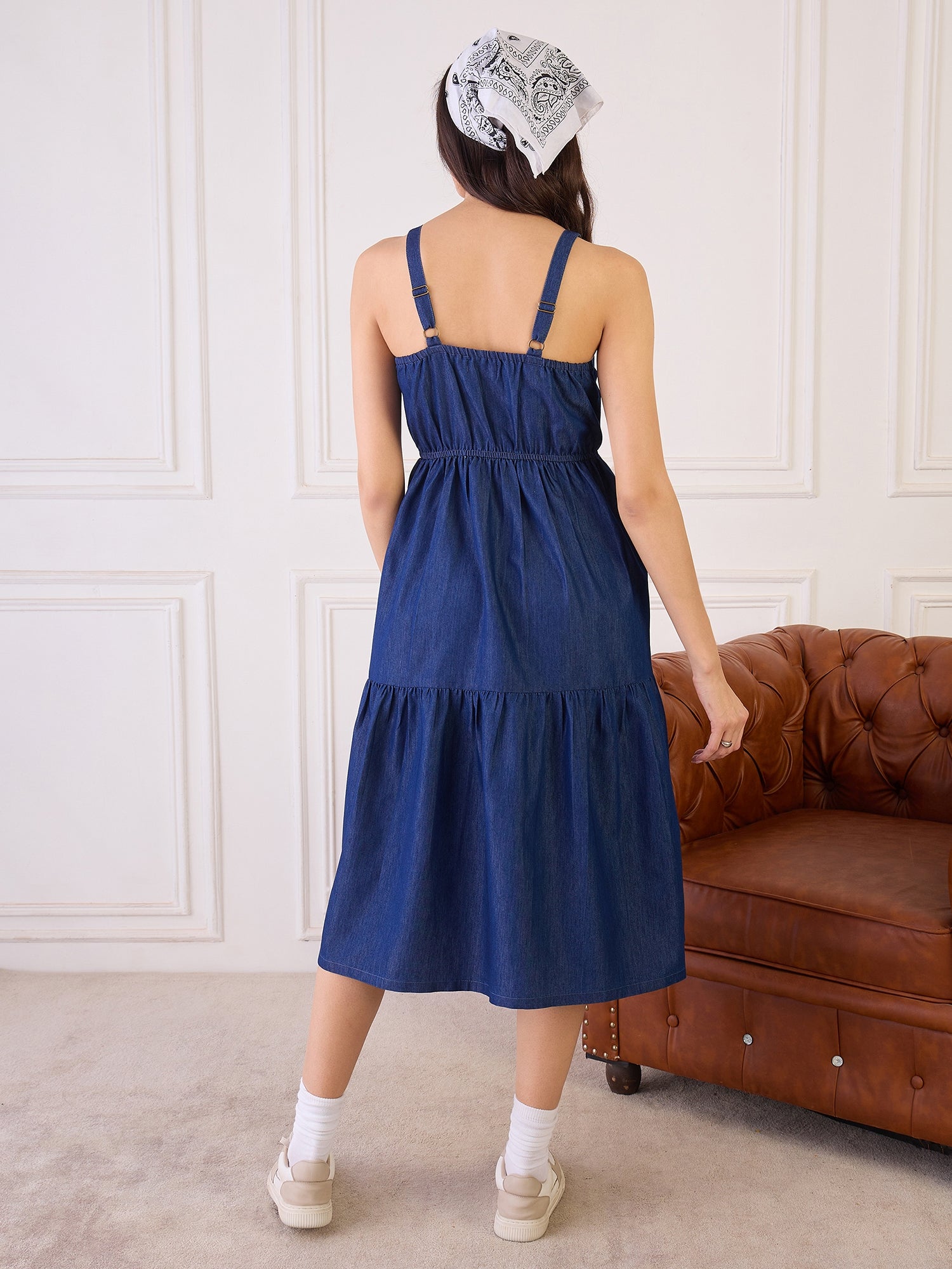 Denim Strappy Tiered Dress