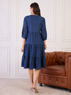 DENIM BLUE EMBROIDERED TIERED A - LINE DRESS