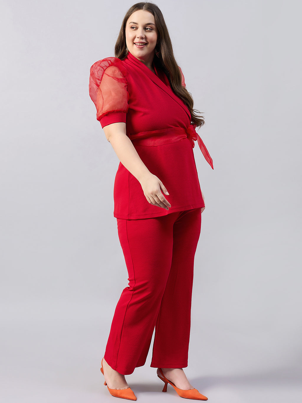 Red Organza Sleeve Lapel Collar Top With Straight Trouser Plus Size Co-Ords