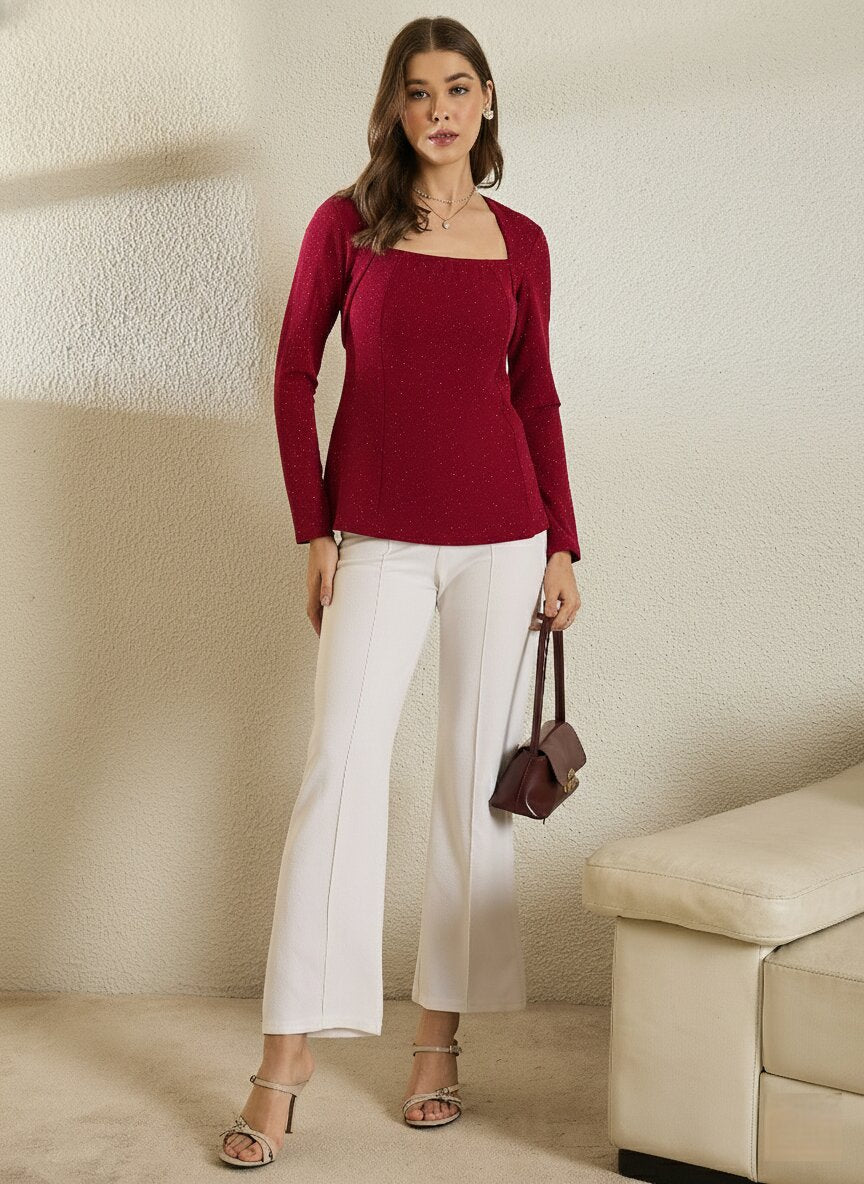 Maroon Glitter Square  Neck  Peplum Top
