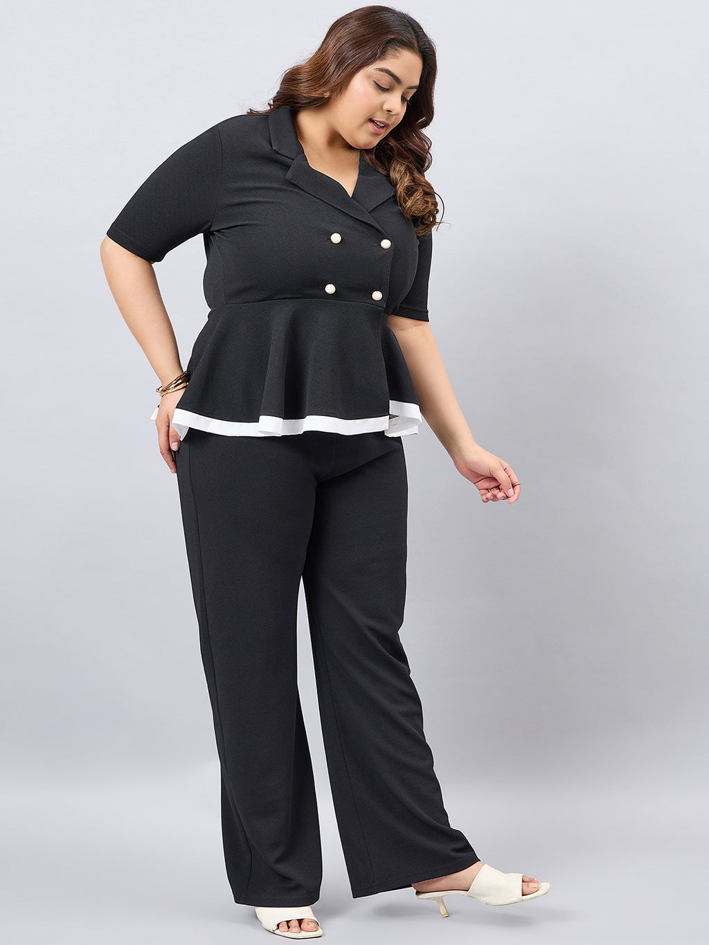 Black V-Neck Top With  Skirt Pant Plus Size Set