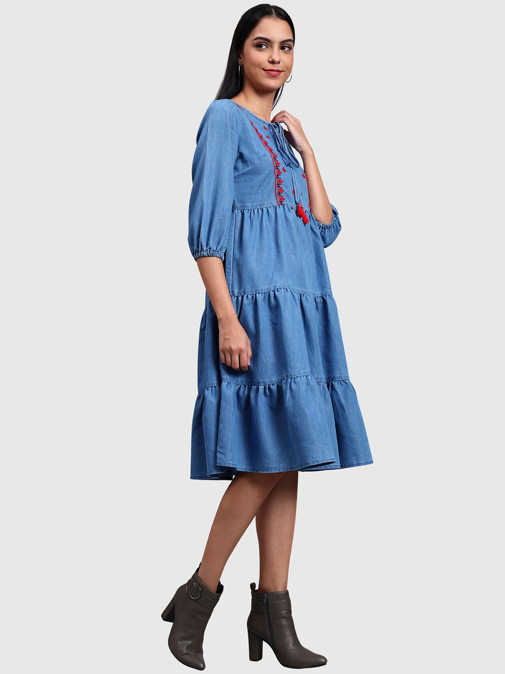 Light Blue Denim Embroidered Dress
