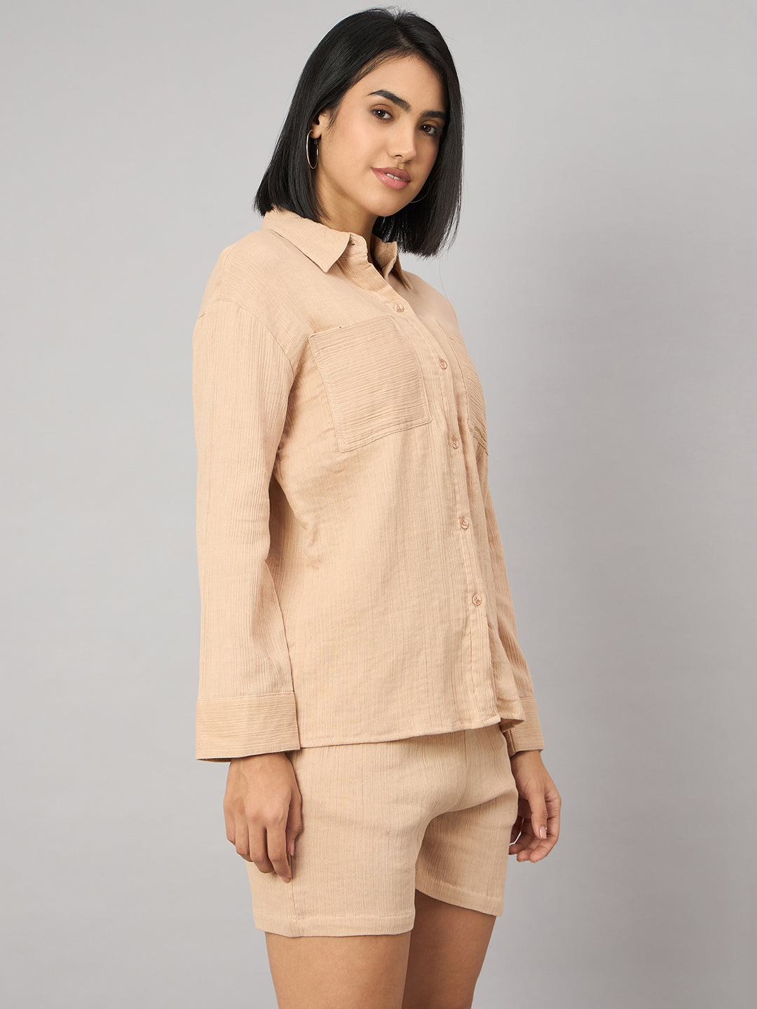 Beige Pure Cotton Shorts Set